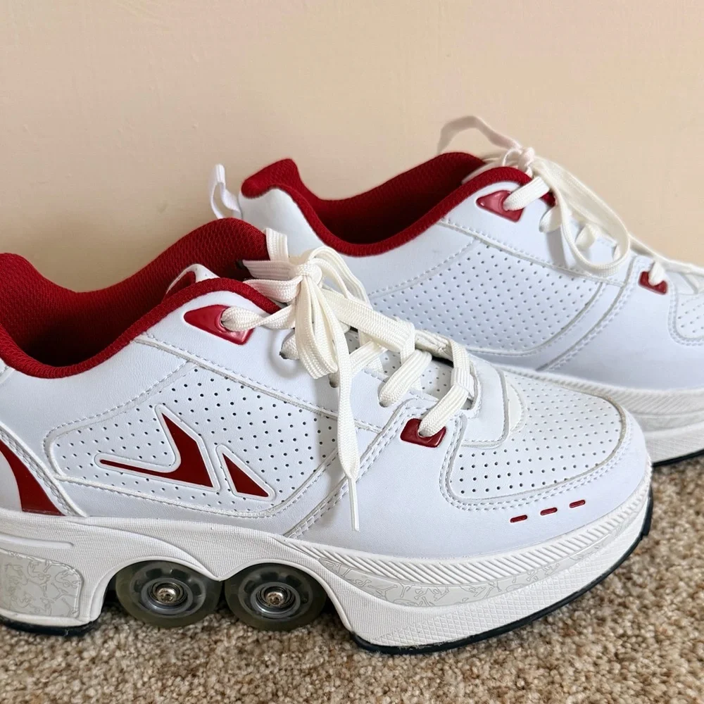 Afloat Skate Shoes Retractable Rollers Women’s Size 7.5 US White & Red VGC